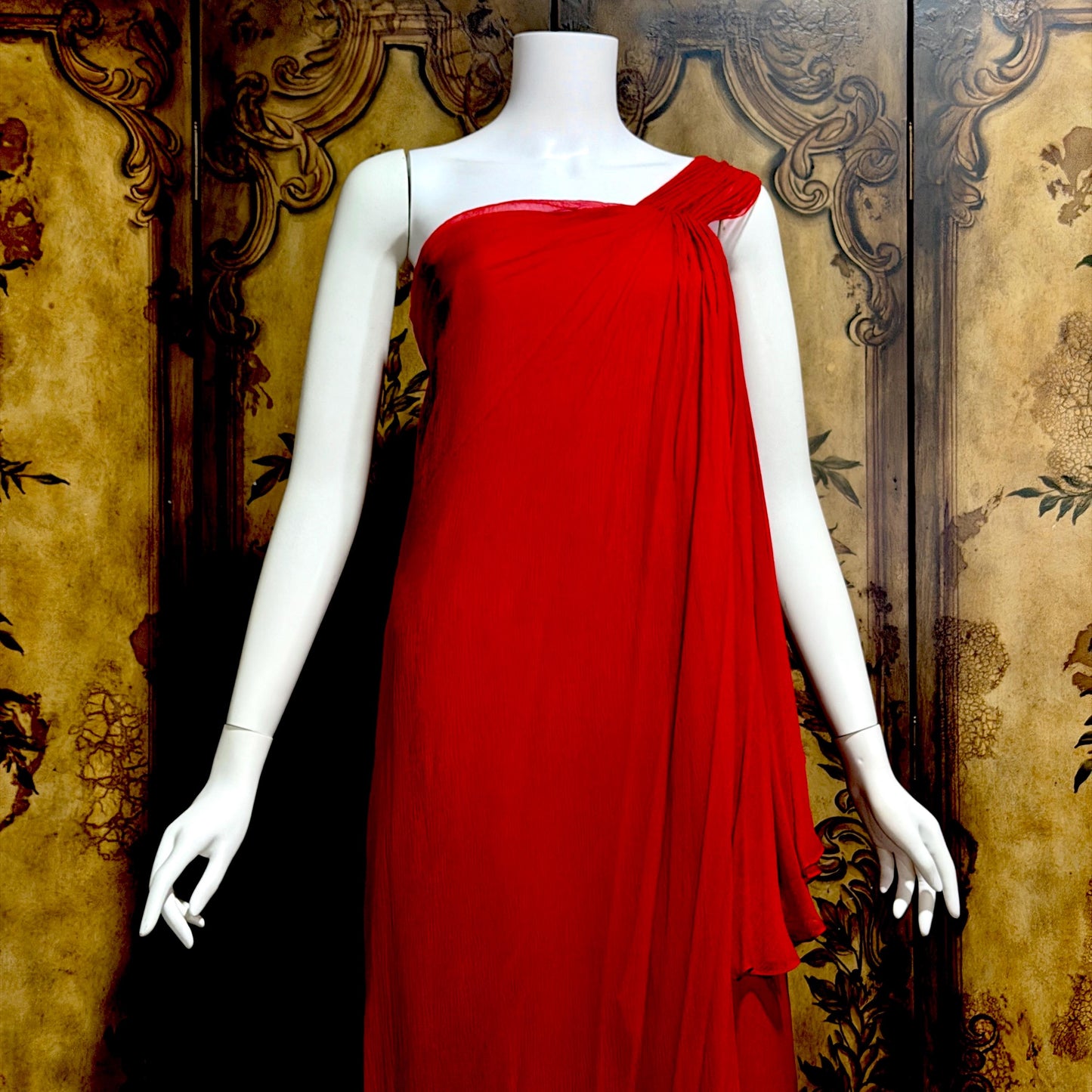 OSCAR de la RENTA vintage 1980s Red Silk evening gown dress, SAKS one shoulder gown Medium