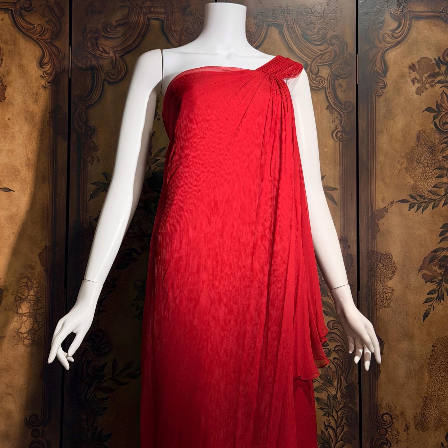 OSCAR de la RENTA vintage 1980s Red Silk evening gown dress, SAKS one shoulder gown Medium