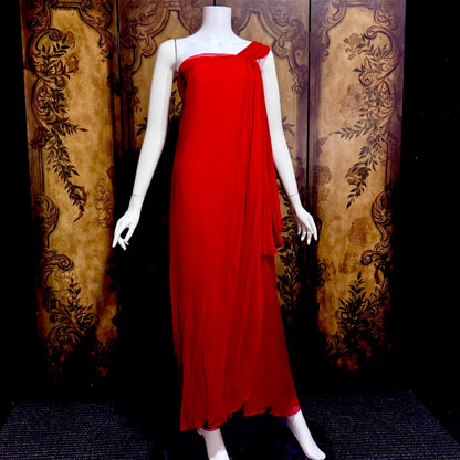 OSCAR de la RENTA vintage 1980s Red Silk evening gown dress, SAKS one shoulder gown Medium