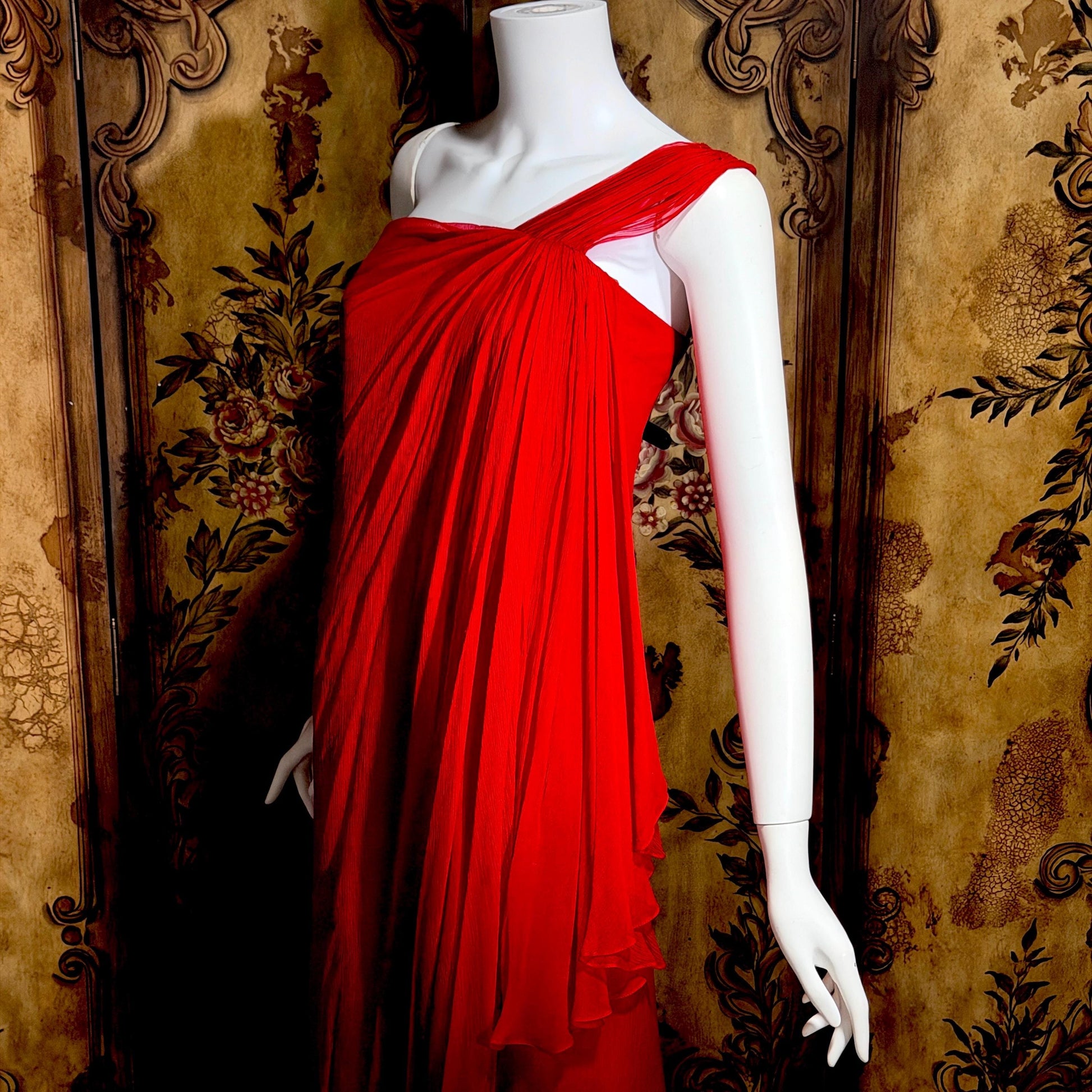 OSCAR de la RENTA vintage 1980s Red Silk evening gown dress, SAKS one shoulder gown Medium