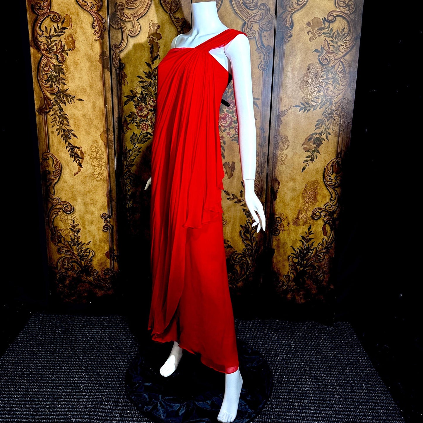 OSCAR de la RENTA vintage 1980s Red Silk evening gown dress, SAKS one shoulder gown Medium