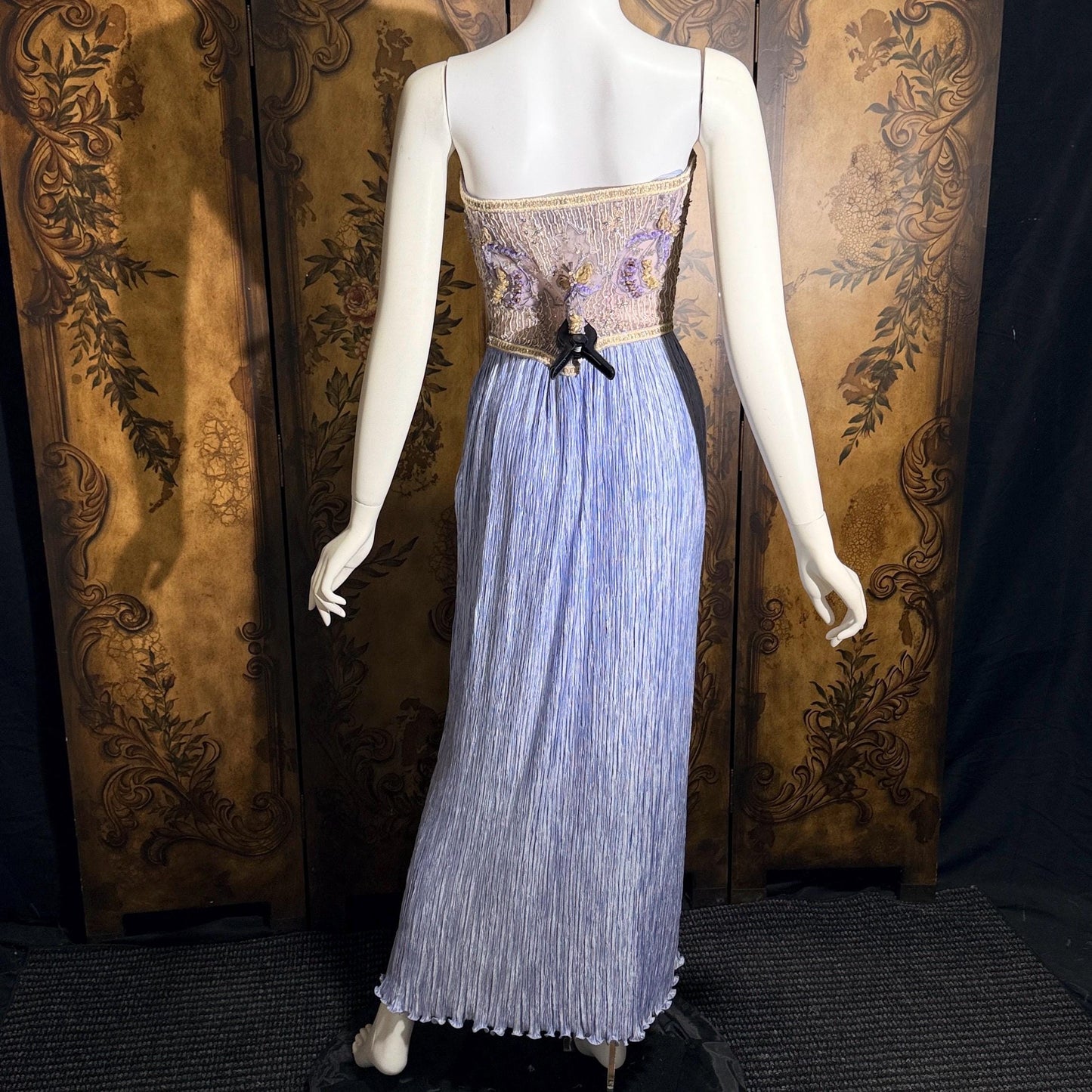 vintage MARY MCFADDEN COUTURE evening gown, 1980s heavily beaded periwinkle strapless gown