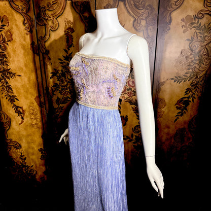 vintage MARY MCFADDEN COUTURE evening gown, 1980s heavily beaded periwinkle strapless gown
