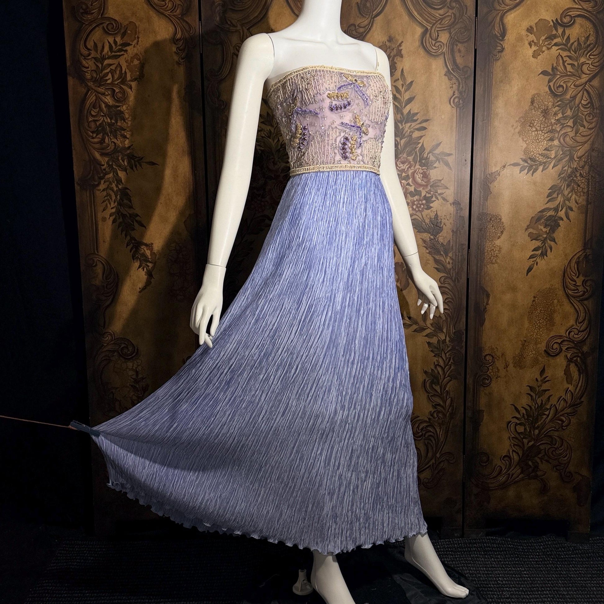 vintage MARY MCFADDEN COUTURE evening gown, 1980s heavily beaded periwinkle strapless gown