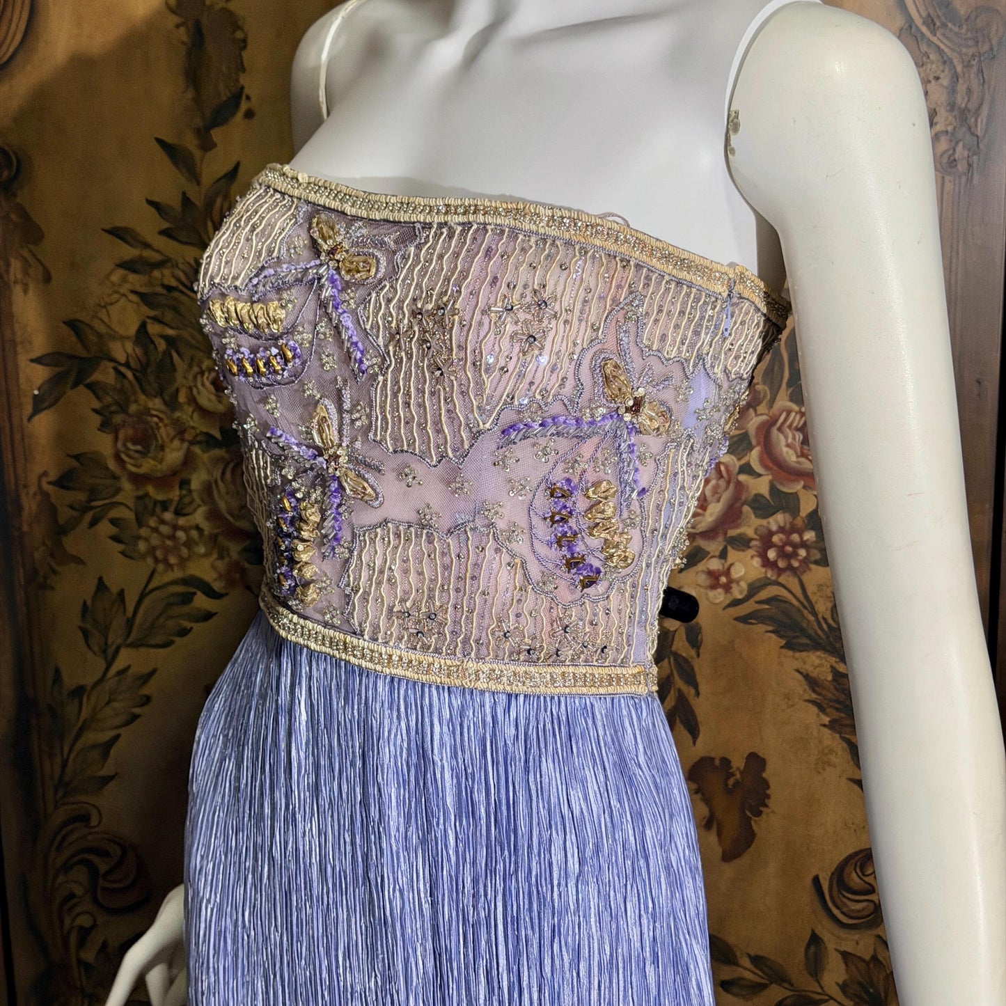 vintage MARY MCFADDEN COUTURE evening gown, 1980s heavily beaded periwinkle strapless gown