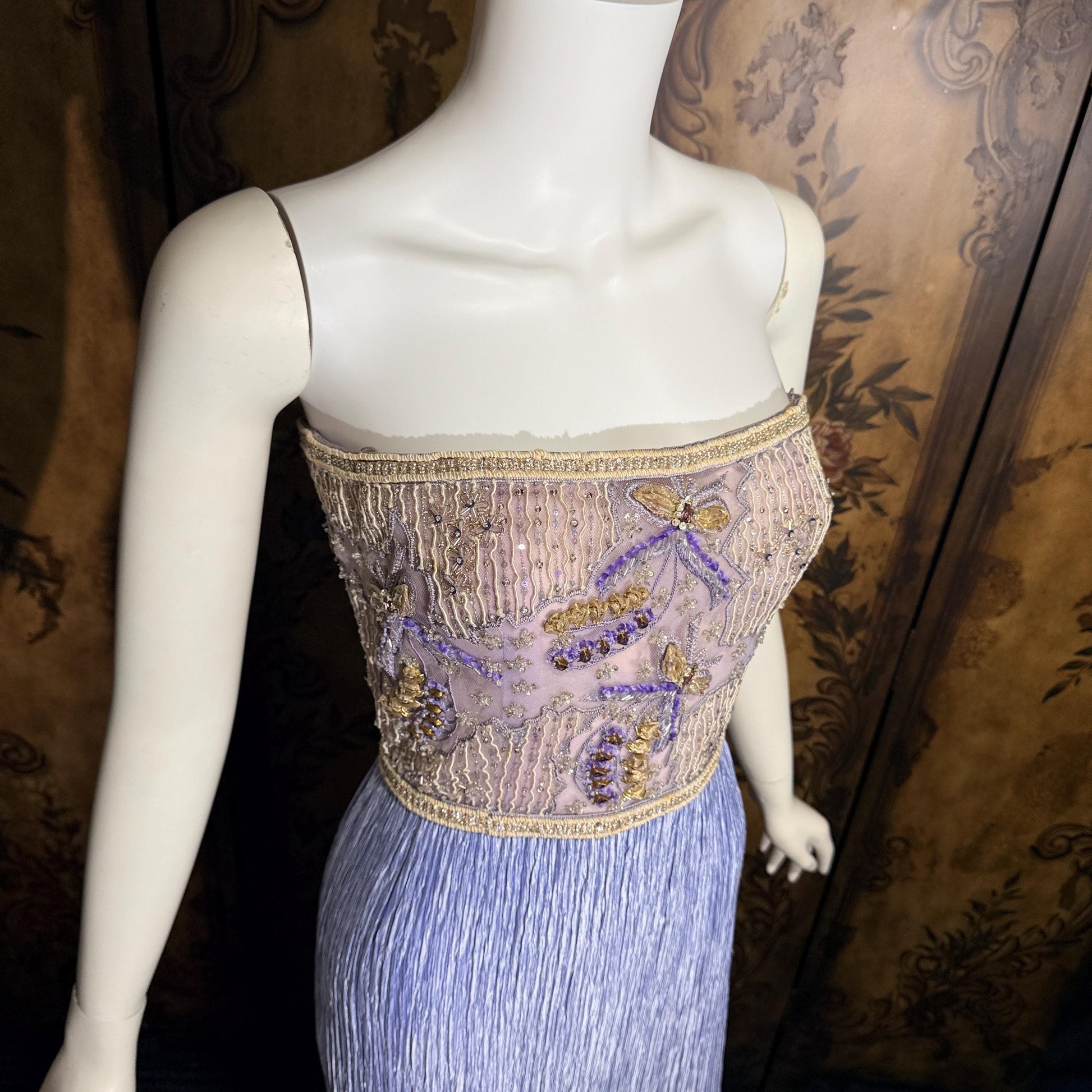 vintage MARY MCFADDEN COUTURE evening gown, 1980s heavily beaded periwinkle strapless gown