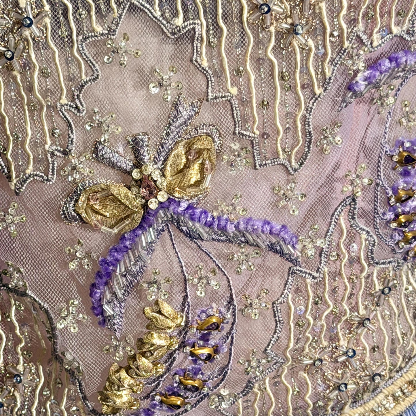 vintage MARY MCFADDEN COUTURE evening gown, 1980s heavily beaded periwinkle strapless gown