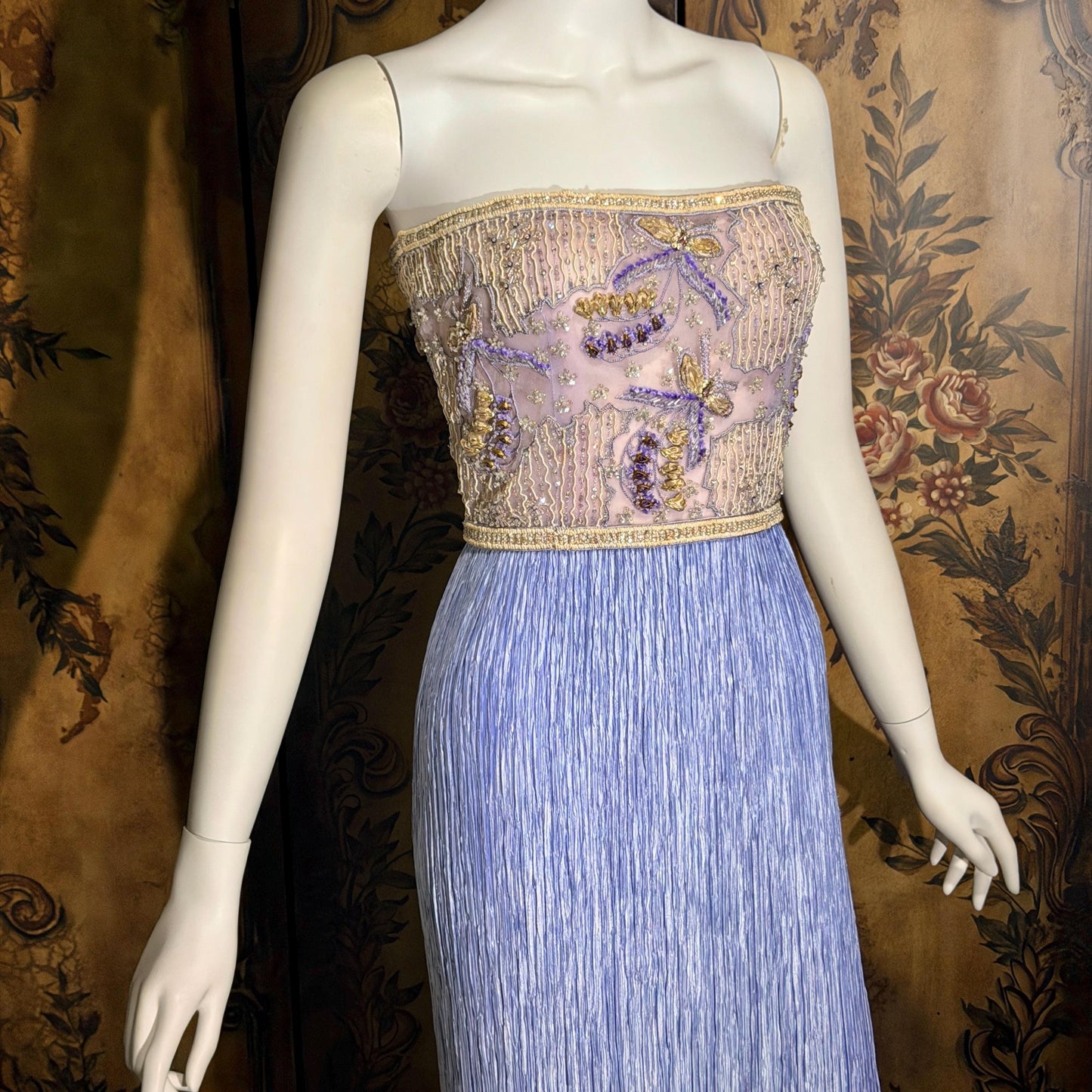 vintage MARY MCFADDEN COUTURE evening gown, 1980s heavily beaded periwinkle strapless gown
