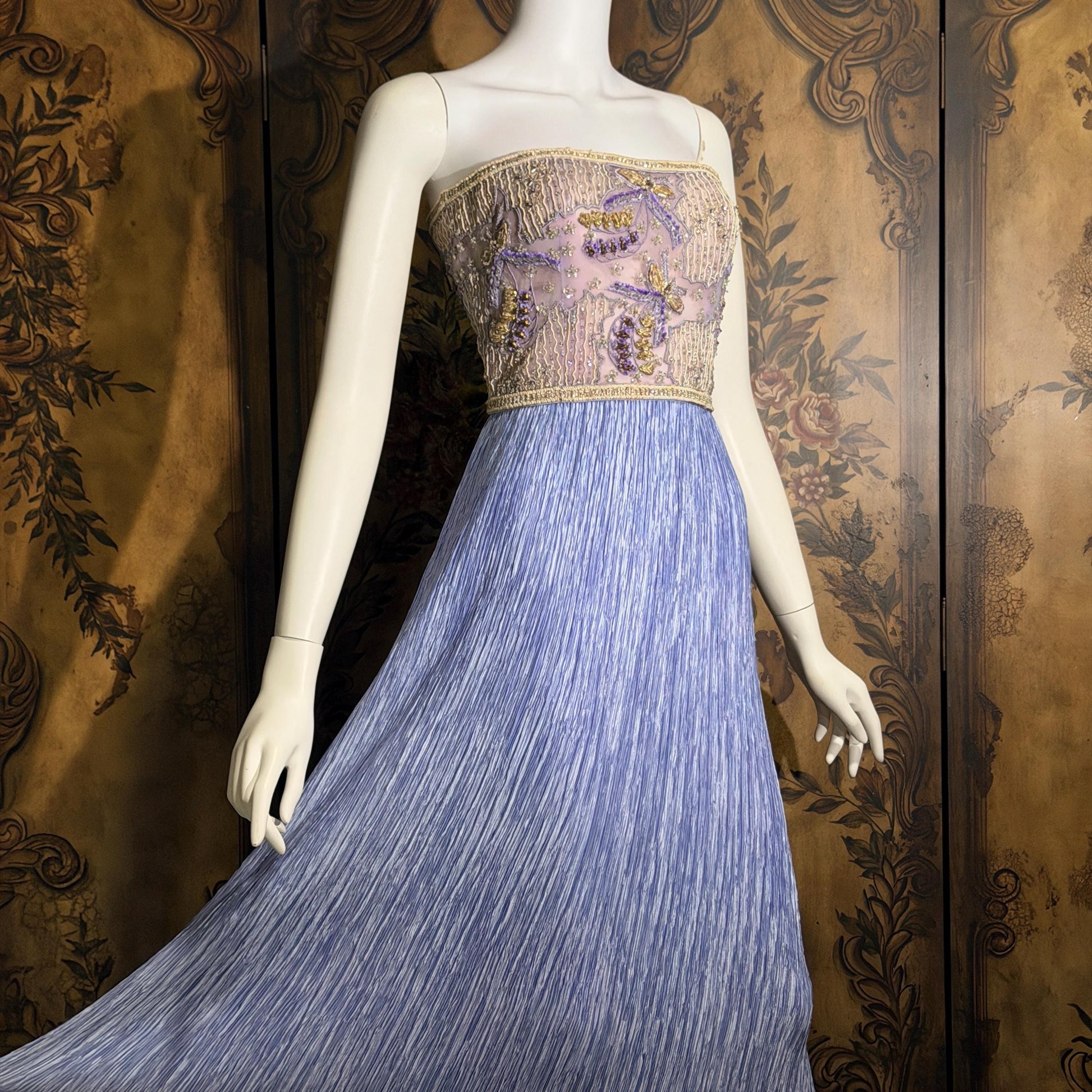vintage MARY MCFADDEN COUTURE evening gown, 1980s heavily beaded periwinkle strapless gown