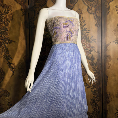 vintage MARY MCFADDEN COUTURE evening gown, 1980s heavily beaded periwinkle strapless gown