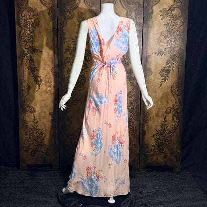 vintage 1940s floral nightgown robe set, Pink bias cut sheath slip dress and quilted robe peignoir set