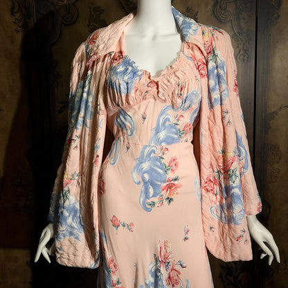 vintage 1940s floral nightgown robe set, Pink bias cut sheath slip dress and quilted robe peignoir set