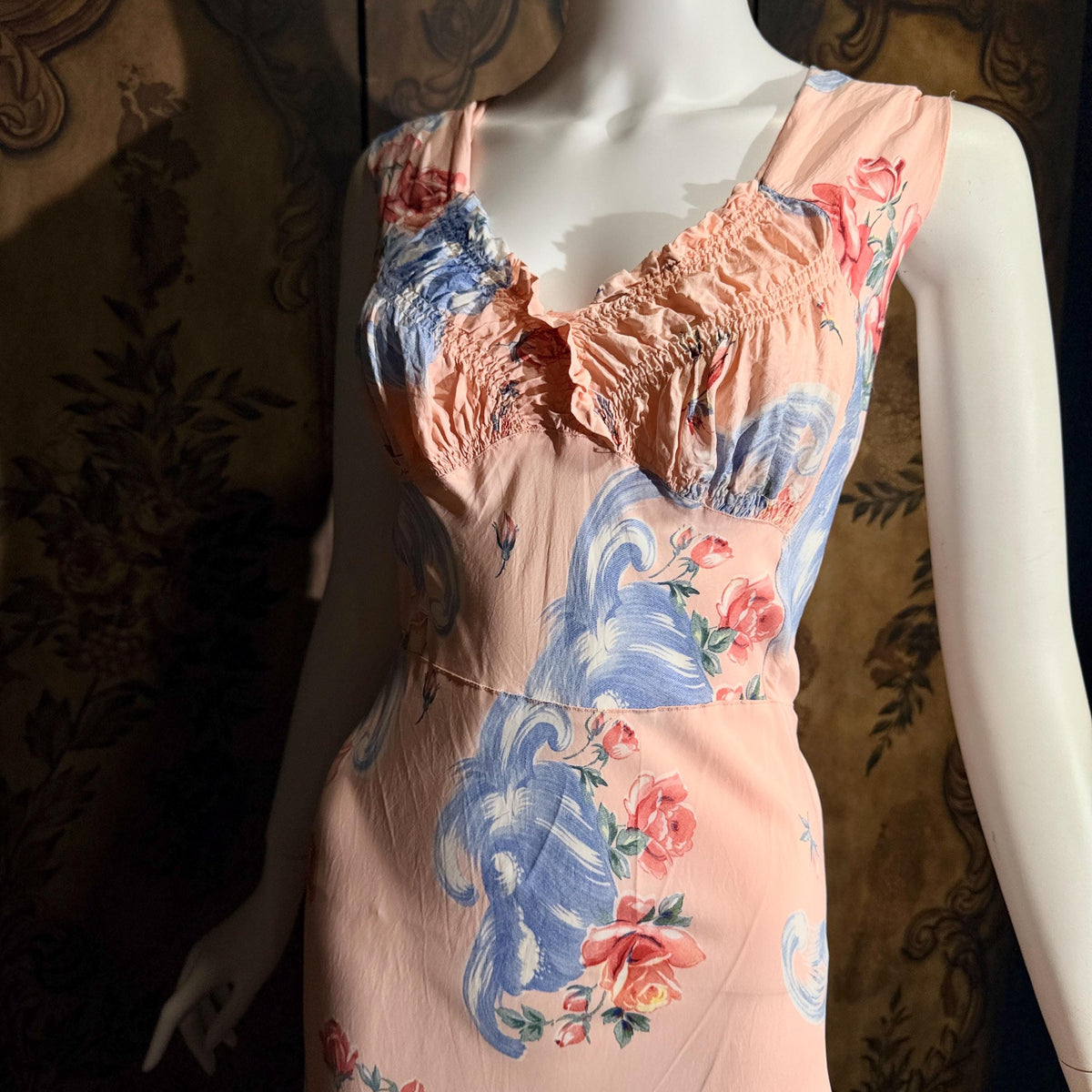vintage 1940s floral nightgown robe set, Pink bias cut sheath slip dress and quilted robe peignoir set