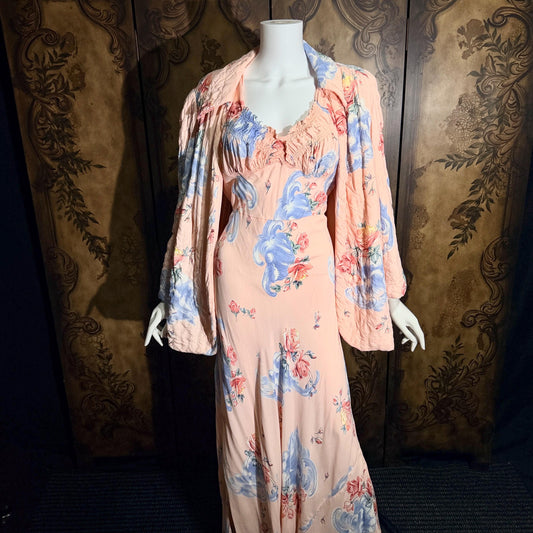 vintage 1940s floral nightgown robe set, Pink bias cut sheath slip dress and quilted robe peignoir set