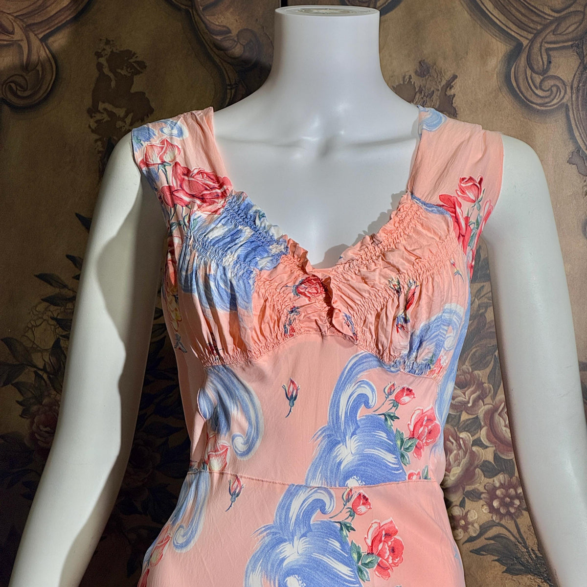 vintage 1940s floral nightgown robe set, Pink bias cut sheath slip dress and quilted robe peignoir set
