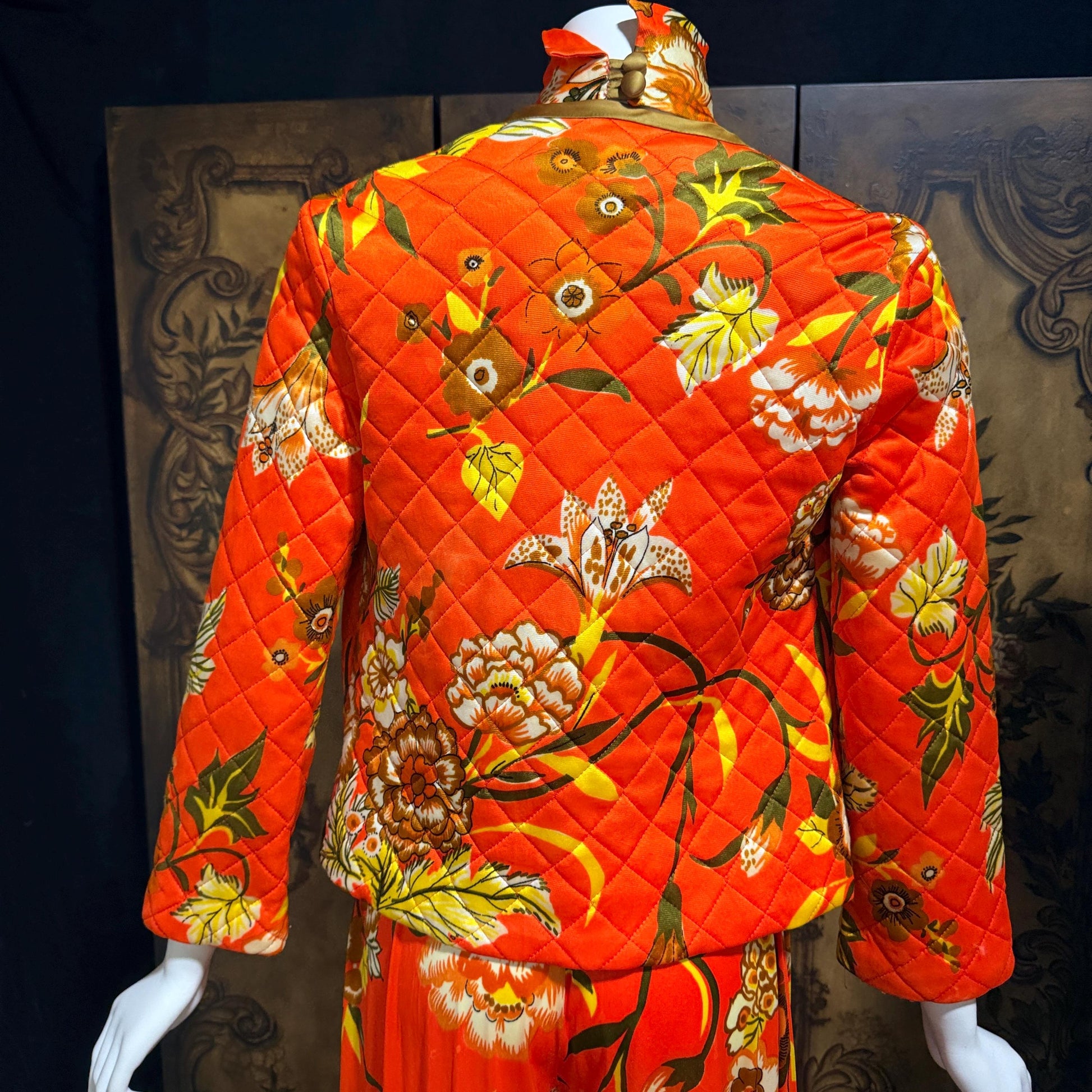 vintage 1970s KEYLOUN evening jumpsuit, 1970s Orange floral pop art cocktail lounging with jacket