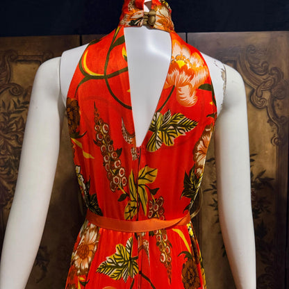 vintage 1970s KEYLOUN evening jumpsuit, 1970s Orange floral pop art cocktail lounging with jacket