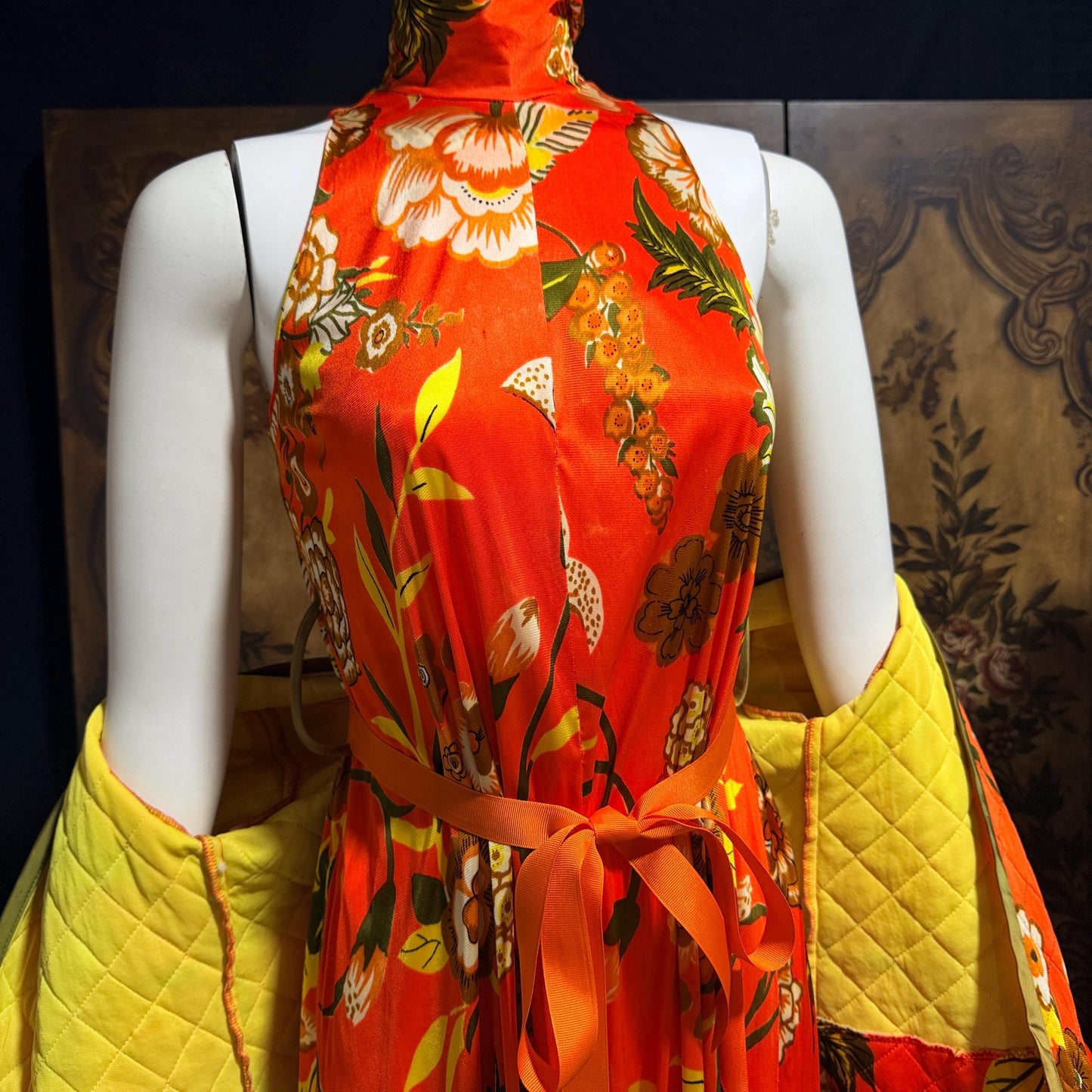 vintage 1970s KEYLOUN evening jumpsuit, 1970s Orange floral pop art cocktail lounging with jacket