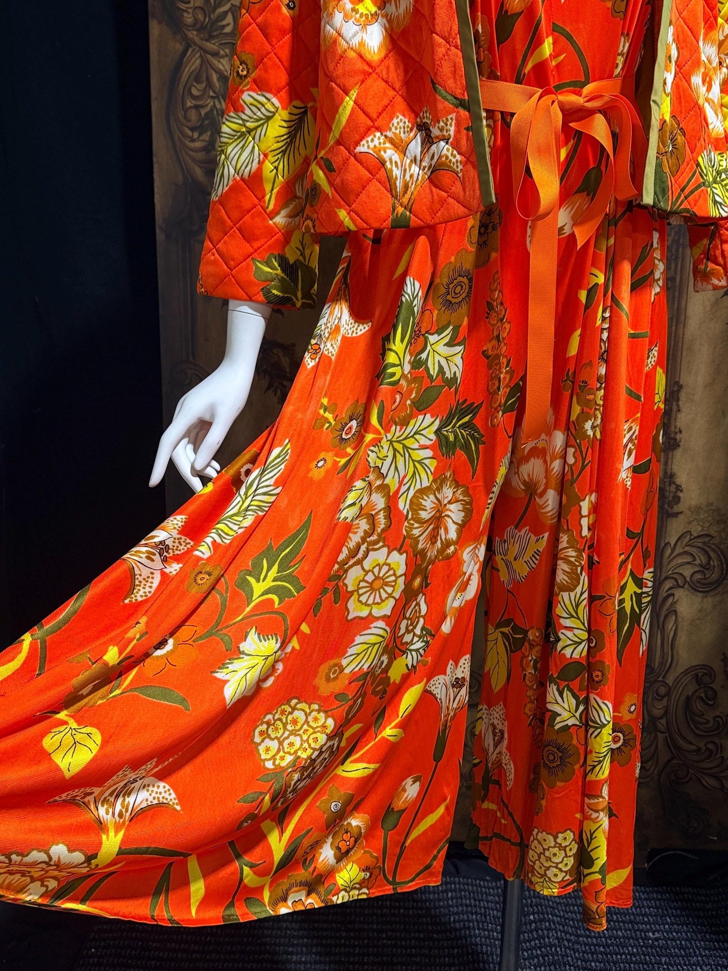 vintage 1970s KEYLOUN evening jumpsuit, 1970s Orange floral pop art cocktail lounging with jacket