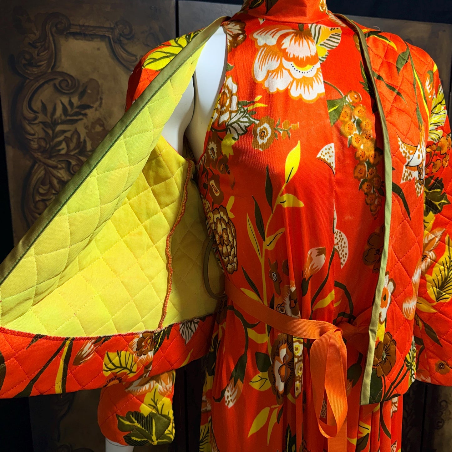 vintage 1970s KEYLOUN evening jumpsuit, 1970s Orange floral pop art cocktail lounging with jacket