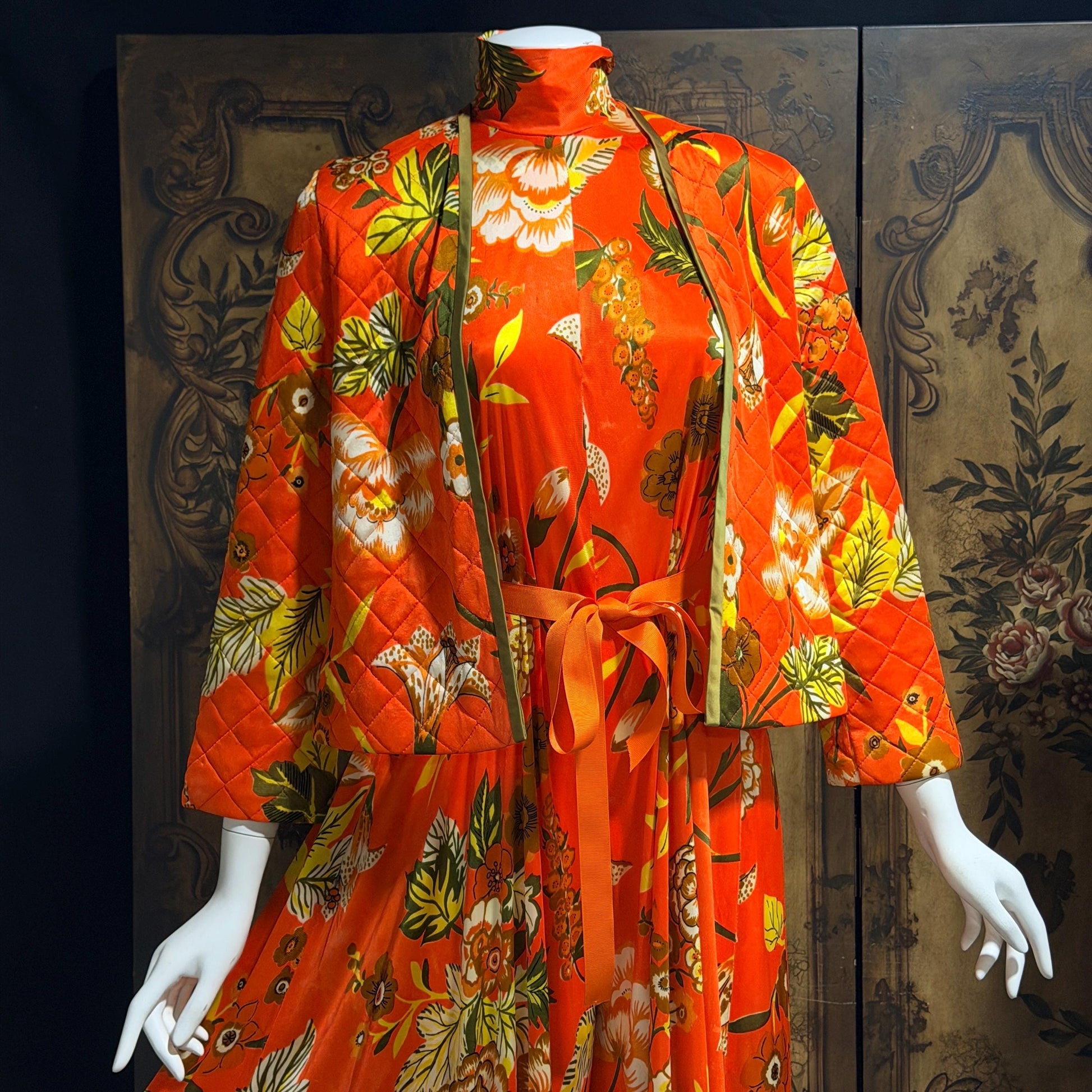 vintage 1970s KEYLOUN evening jumpsuit, 1970s Orange floral pop art cocktail lounging with jacket
