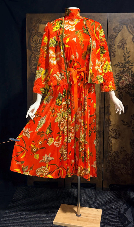 vintage 1970s KEYLOUN evening jumpsuit, 1970s Orange floral pop art cocktail lounging with jacket