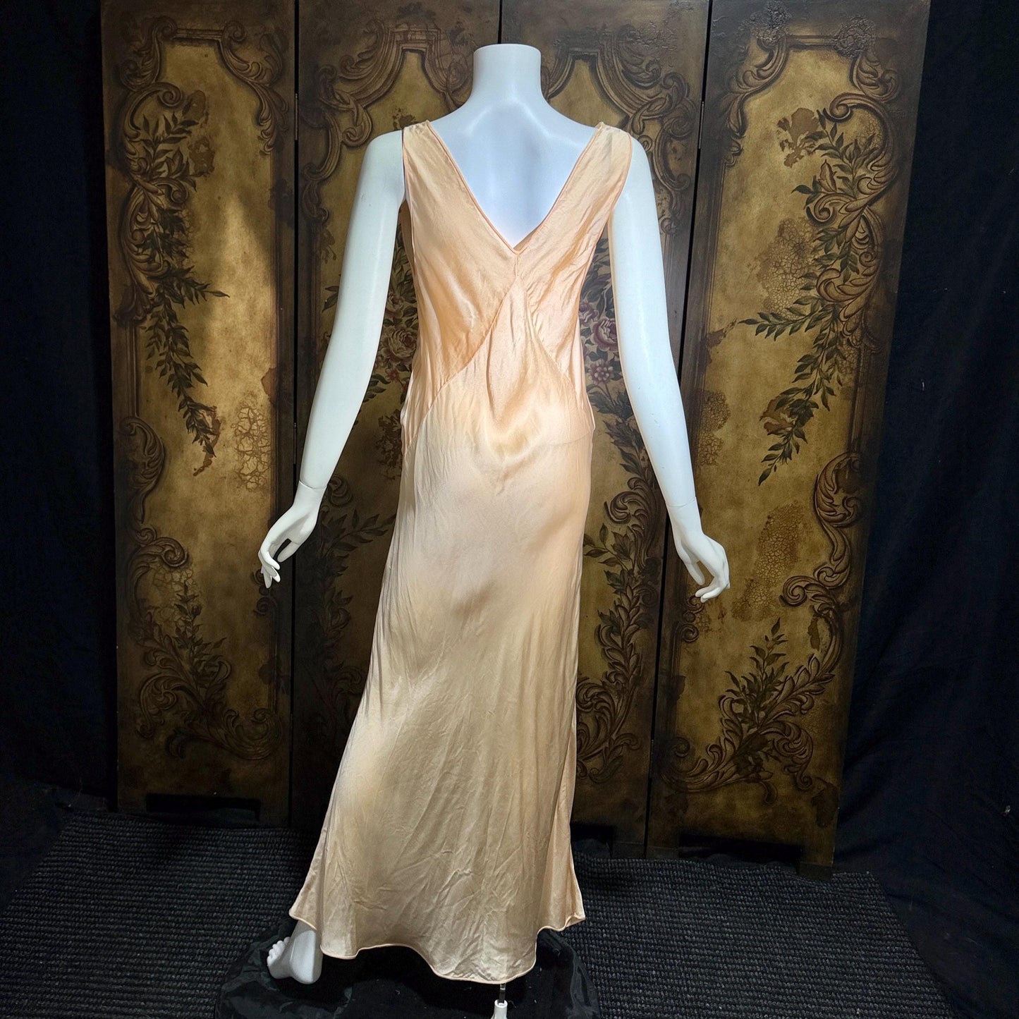 vintage 1930s Peach silk dress, Alencon Lace bias cut lingerie dress, medium