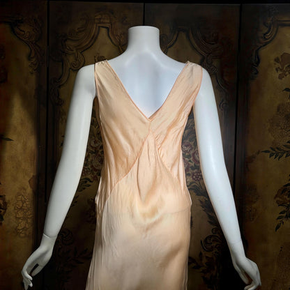 vintage 1930s Peach silk dress, Alencon Lace bias cut lingerie dress, medium