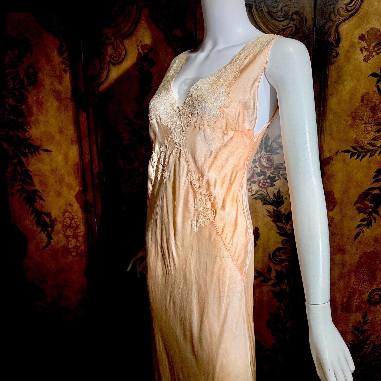 vintage 1930s Peach silk dress, Alencon Lace bias cut lingerie dress, medium