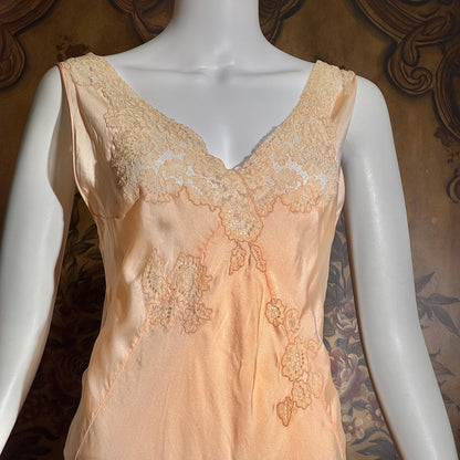 vintage 1930s Peach silk dress, Alencon Lace bias cut lingerie dress, medium