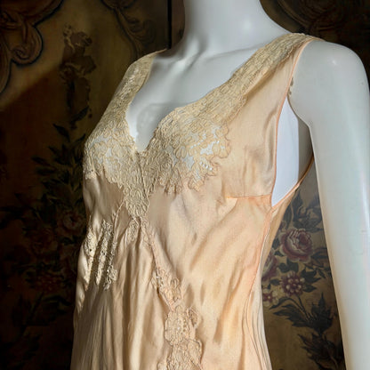 vintage 1930s Peach silk dress, Alencon Lace bias cut lingerie dress, medium