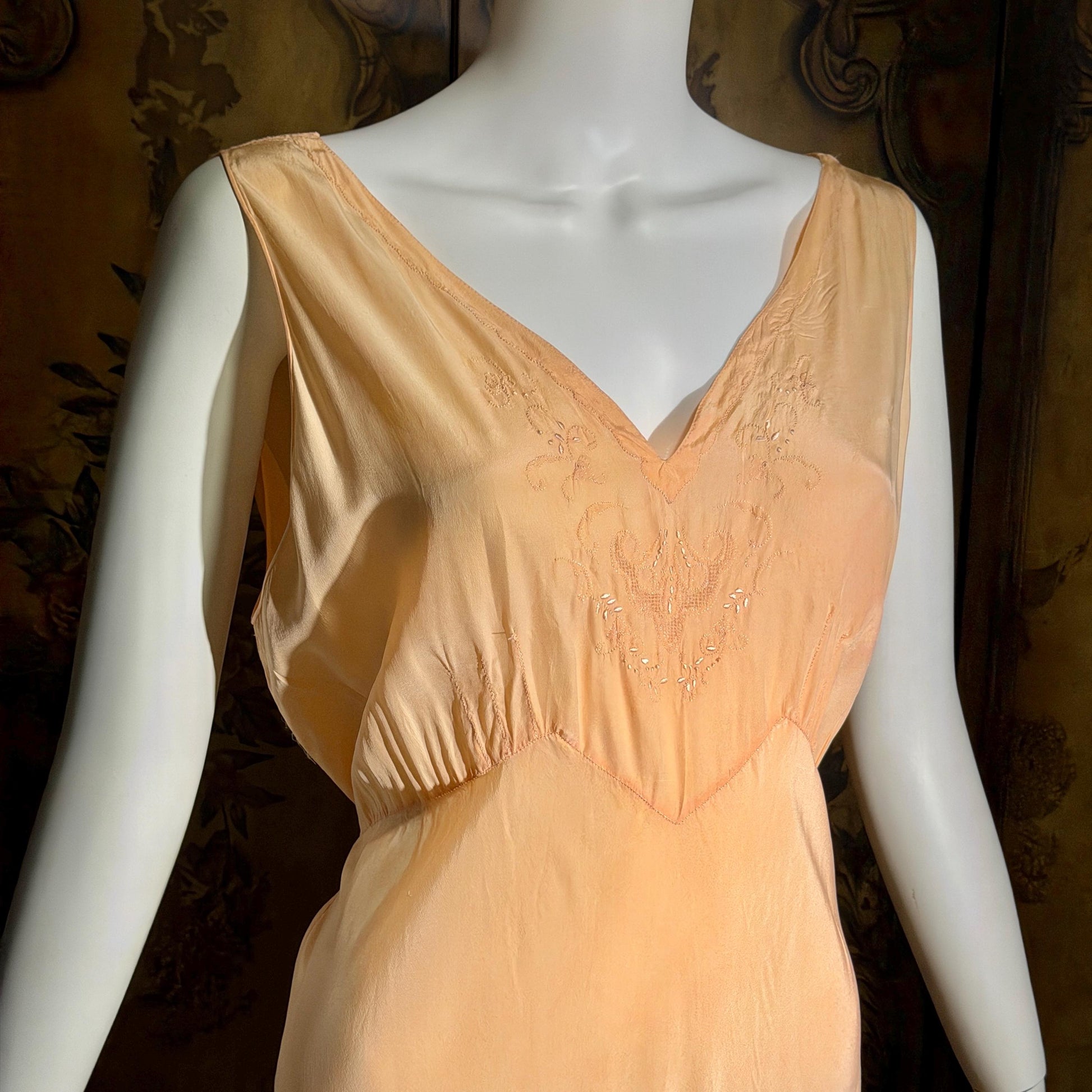 vintage 1930s Peach silk dress, MARSHALL FIELD & CO bias cut lingerie dress, Large