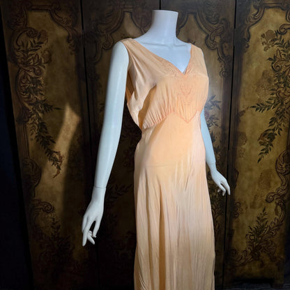 vintage 1930s Peach silk dress, MARSHALL FIELD & CO bias cut lingerie dress, Large