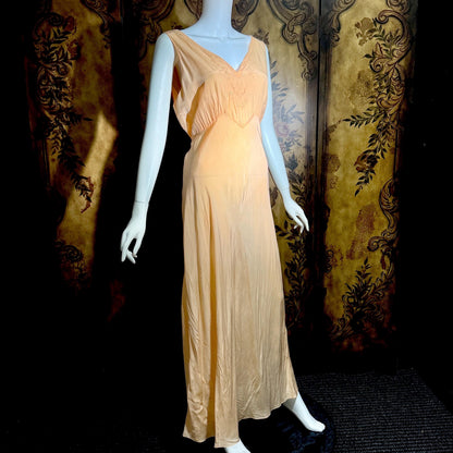 vintage 1930s Peach silk dress, MARSHALL FIELD & CO bias cut lingerie dress, Large