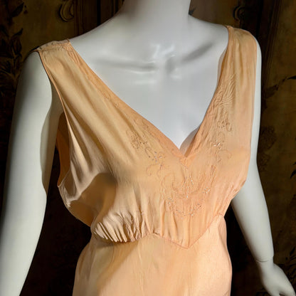 vintage 1930s Peach silk dress, MARSHALL FIELD & CO bias cut lingerie dress, Large