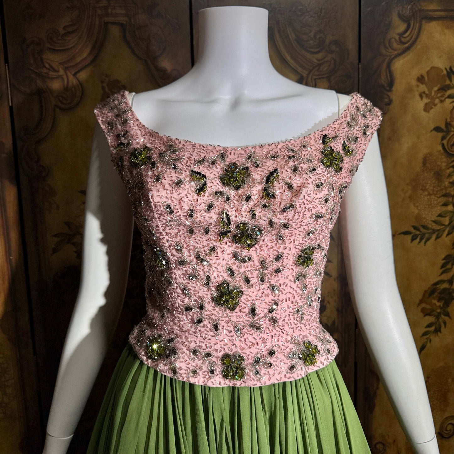 Vintage PAT SANDLER cocktail party dress, 1960s for Highlight Pink Green heavily beaded silk dress