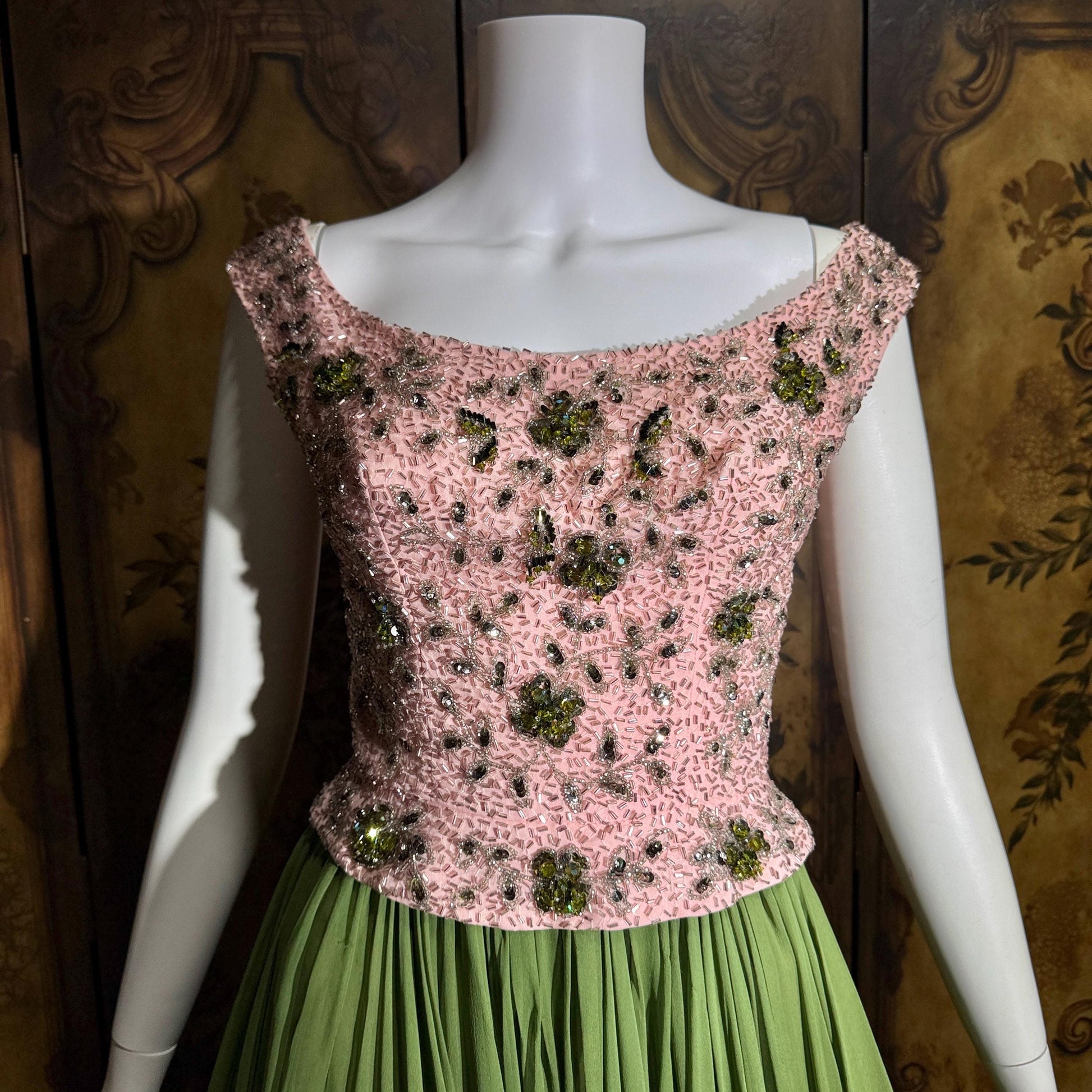Vintage PAT SANDLER cocktail party dress, 1960s for Highlight Pink Green heavily beaded silk dress