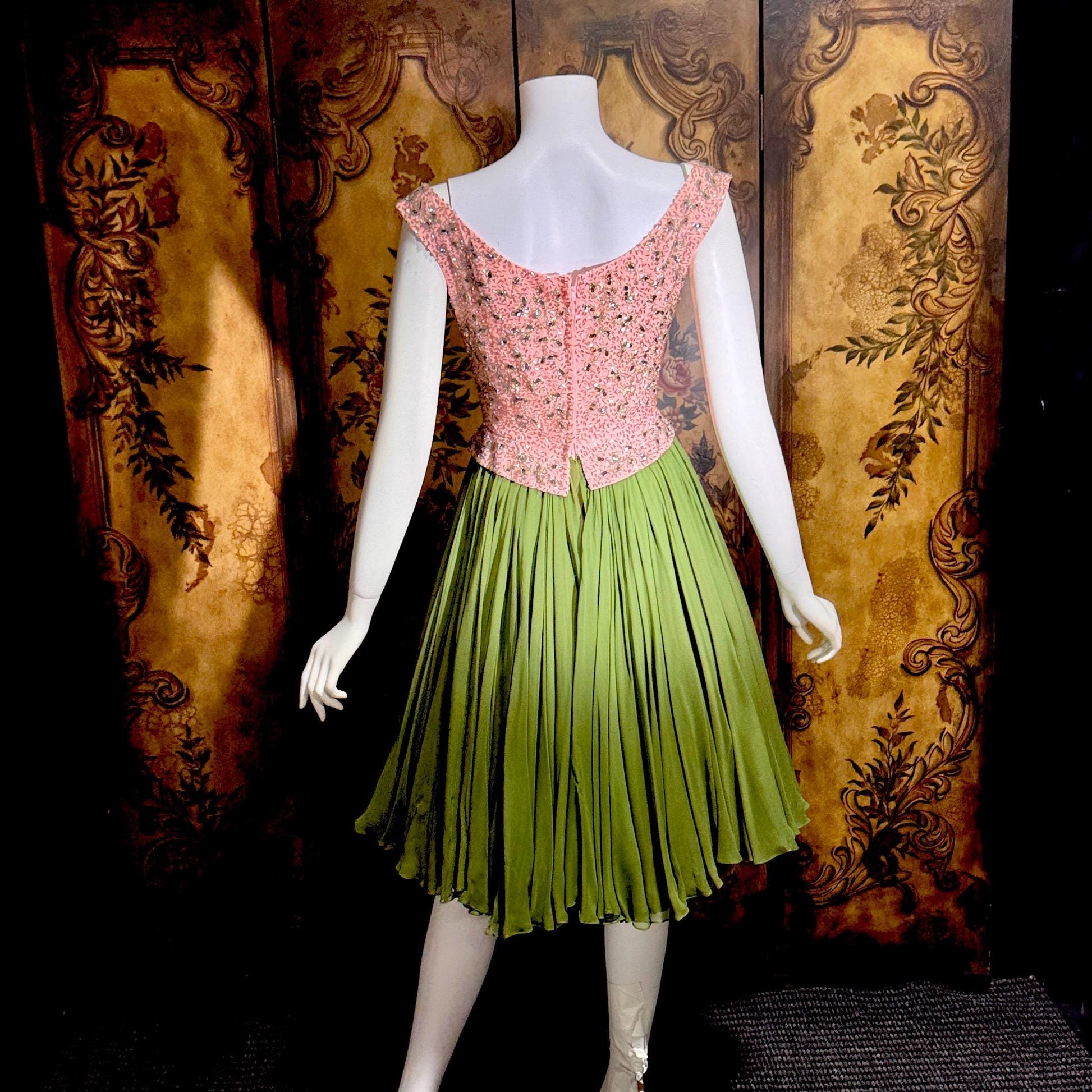 Vintage PAT SANDLER cocktail party dress, 1960s for Highlight Pink Green heavily beaded silk dress