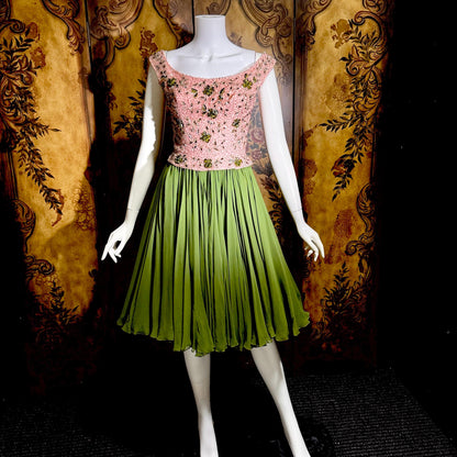 Vintage PAT SANDLER cocktail party dress, 1960s for Highlight Pink Green heavily beaded silk dress