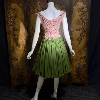 Vintage PAT SANDLER cocktail party dress, 1960s for Highlight Pink Green heavily beaded silk dress
