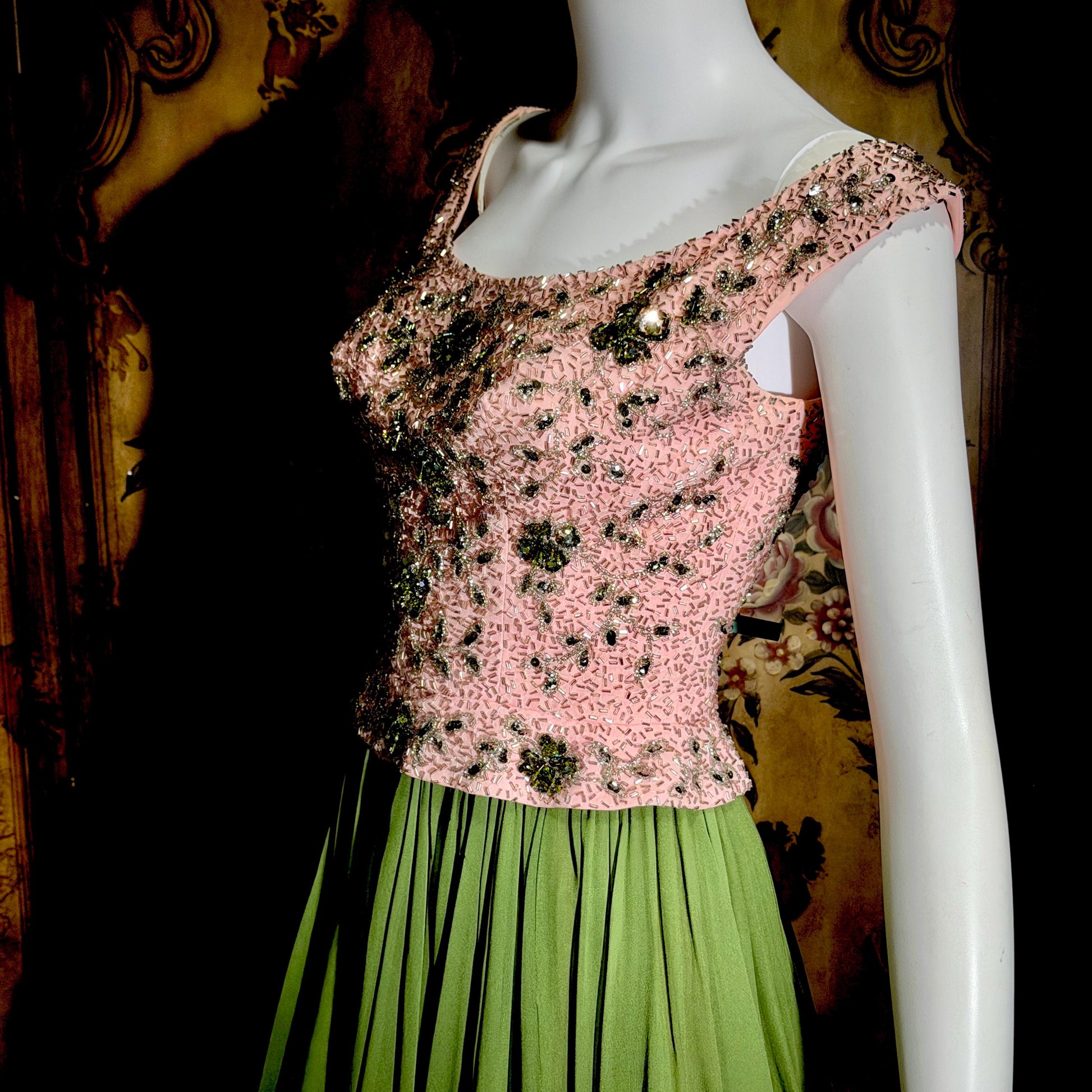 Vintage PAT SANDLER cocktail party dress, 1960s for Highlight Pink Green heavily beaded silk dress