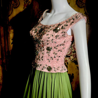 Vintage PAT SANDLER cocktail party dress, 1960s for Highlight Pink Green heavily beaded silk dress