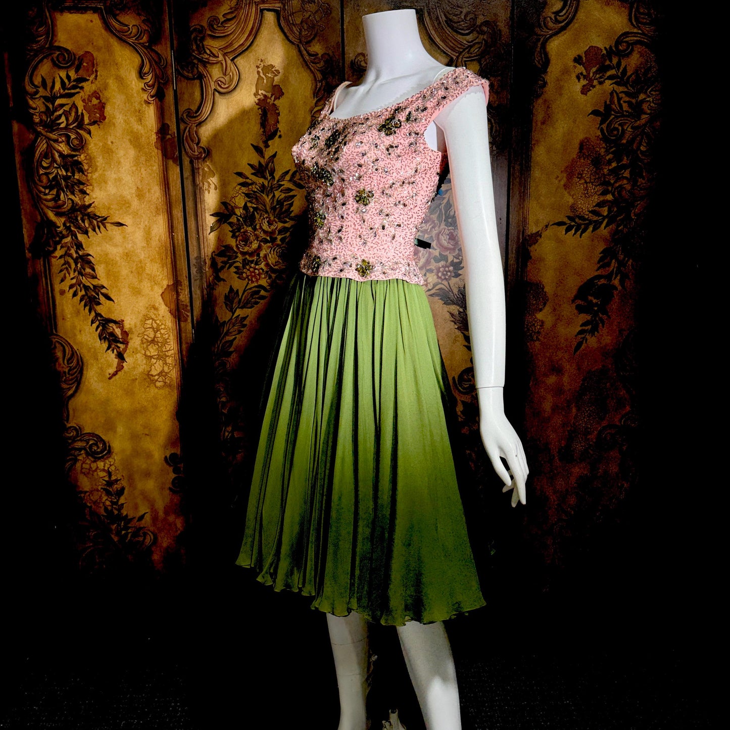 Vintage PAT SANDLER cocktail party dress, 1960s for Highlight Pink Green heavily beaded silk dress
