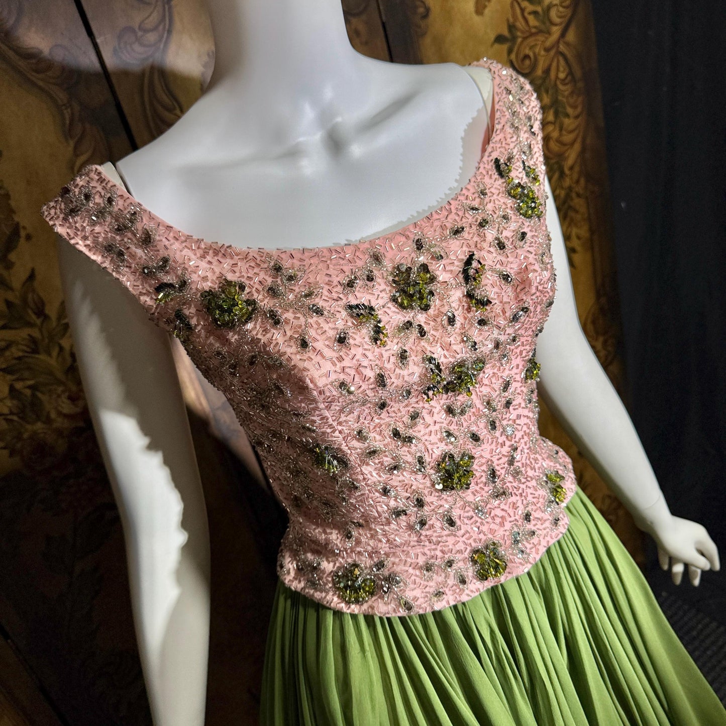 Vintage PAT SANDLER cocktail party dress, 1960s for Highlight Pink Green heavily beaded silk dress