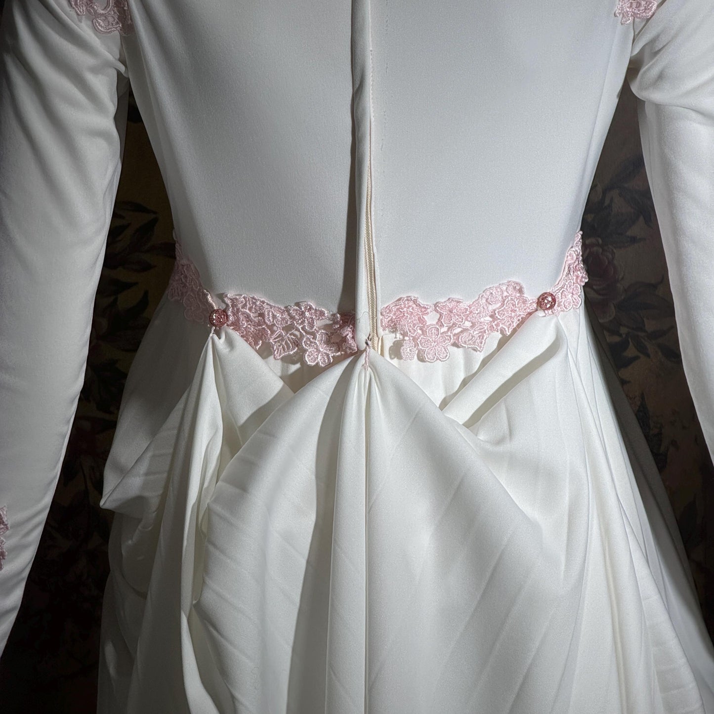 Vintage 1970s wedding dress gown, White pleated high neck jersey knit gown & train