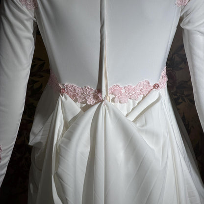 Vintage 1970s wedding dress gown, White pleated high neck jersey knit gown & train