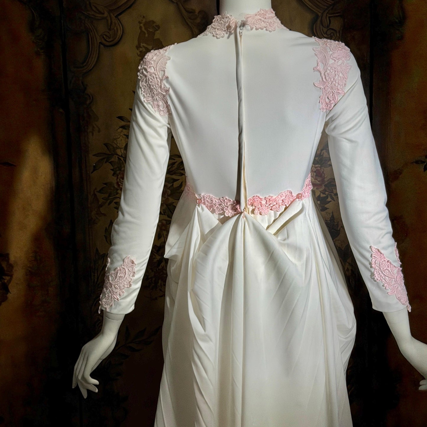 Vintage 1970s wedding dress gown, White pleated high neck jersey knit gown & train