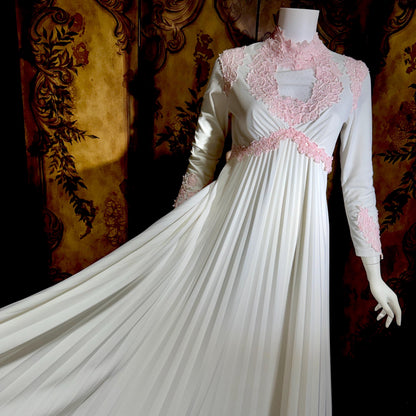 Vintage 1970s wedding dress gown, White pleated high neck jersey knit gown & train