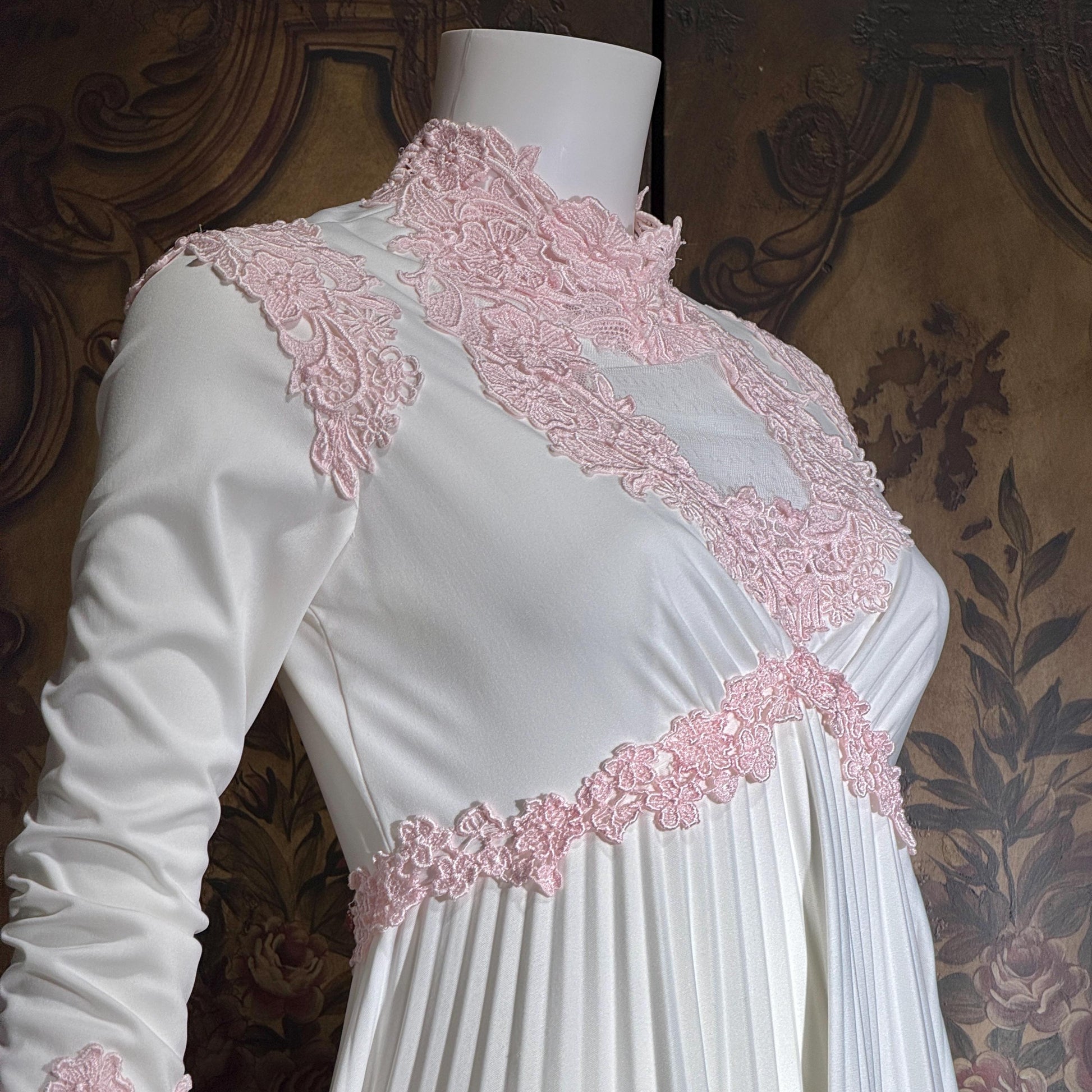 Vintage 1970s wedding dress gown, White pleated high neck jersey knit gown & train