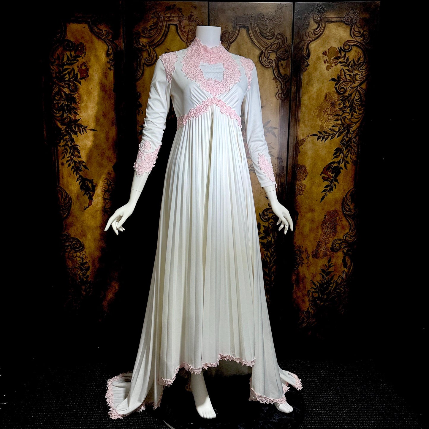 Vintage 1970s wedding dress gown, White pleated high neck jersey knit gown & train